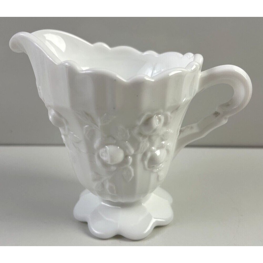Fenton Vintage White Milk Glass 'Rose' Pattern Footed Scalloped Creamer